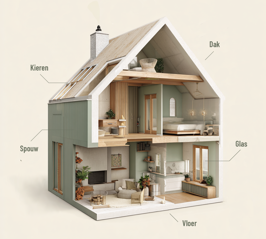 Illustratie van een huis met gemarkeerde plekken waar je kunt isoleren: spouwmuur, dak, vloer, ramen en deuren.