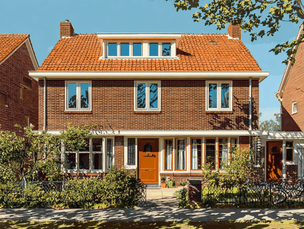 Jaren 30 woning met uitgezoomde spouwmuur en illustratie van de spouw, voegwerk en risico’s bij isoleren.