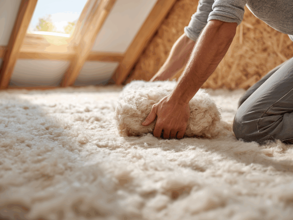 Huiseigenaar die zelf de zoldervloer isoleert met isolatiemateriaal – doe-het-zelf isolatie.